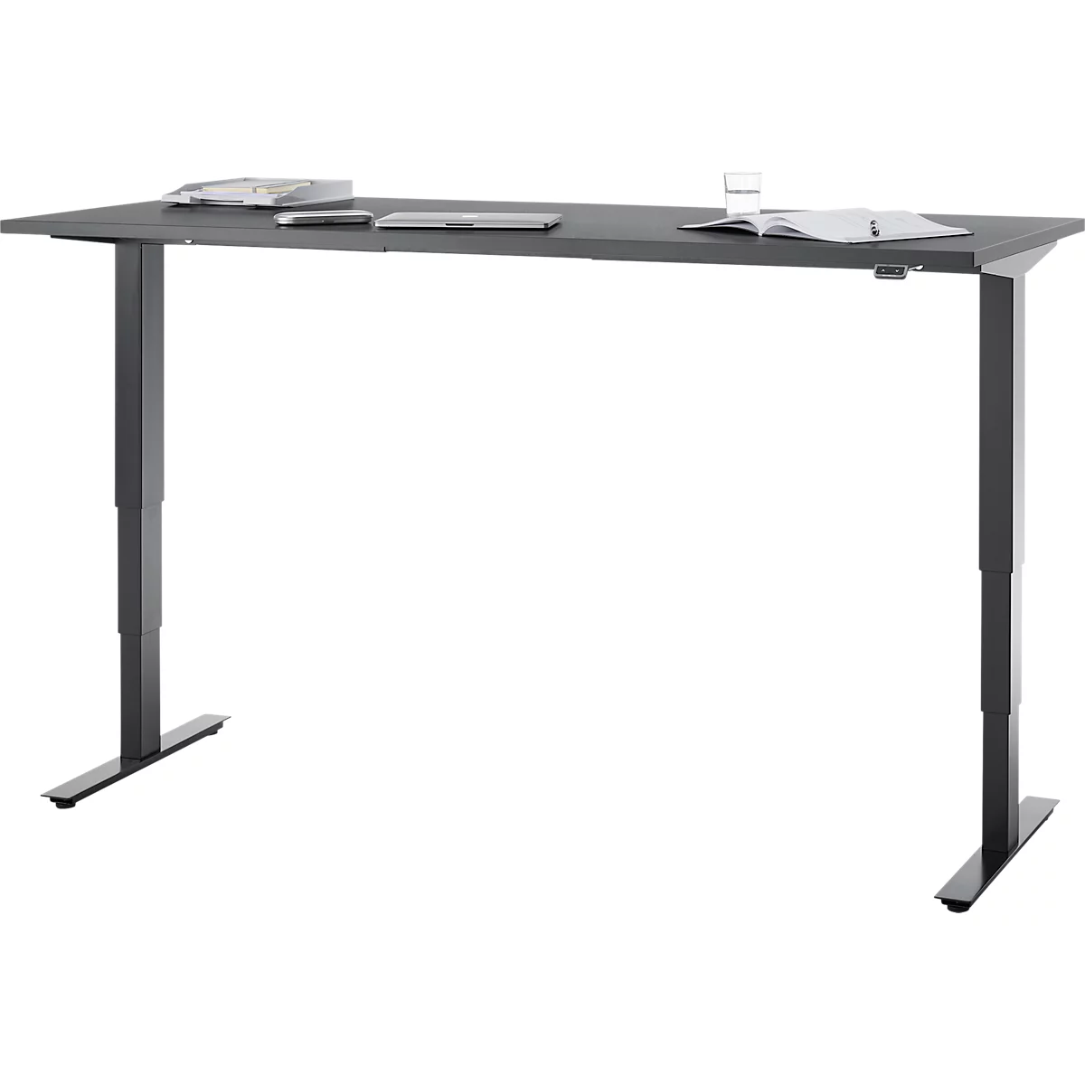 Bureau, elektrisch in hoogte verstelbaar, T-poot zonder dwarsbalk, B 1800 x D 800 x H 605-1265 mm, grafiet/zwart